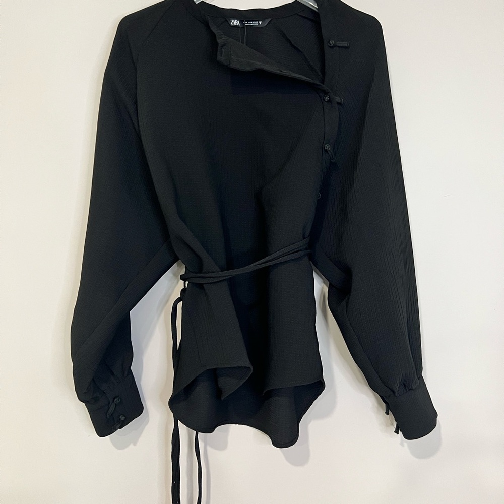 Zara Asymmetric Wrap Blouse • Textured Black Top • NWT • Size S